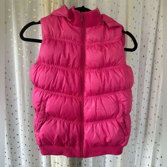 Chickeeduck Girls Pink Polka Dot Removable Hoodie Puffer Zip Up Vest Pockets - Picture 2 of 9